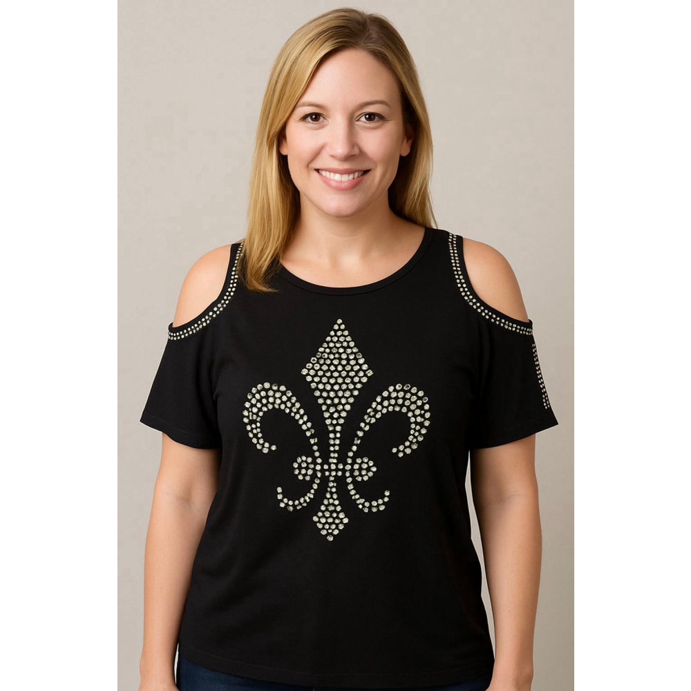 Womens Vocal Black Iridescent‎ Fleur De Lis Cold Shoulder Tee Lg Embellished Y2K
